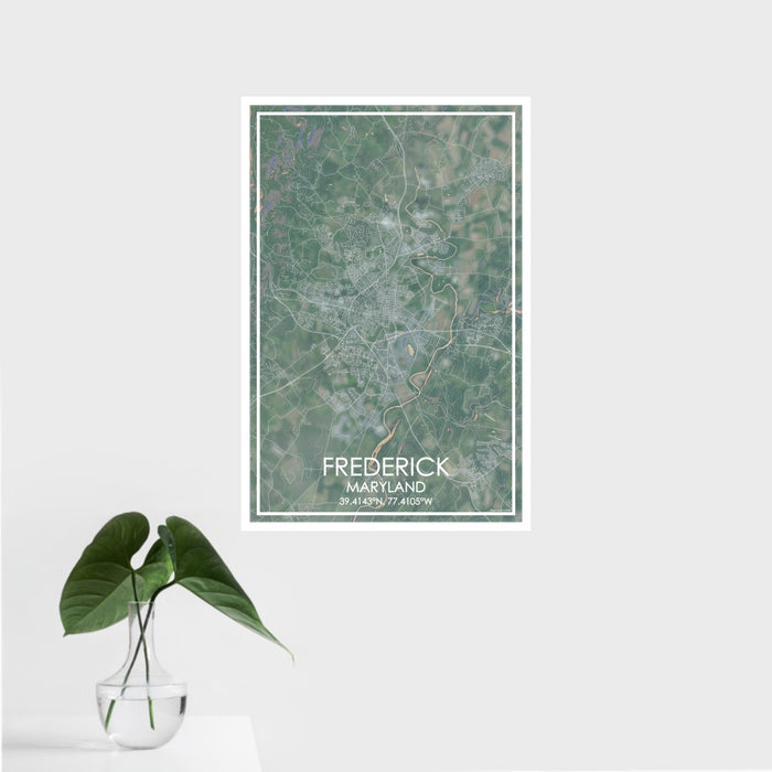 16x24 Frederick Maryland Map Print Portrait Orientation in Afternoon Style With Tropical Plant Leaves in Water