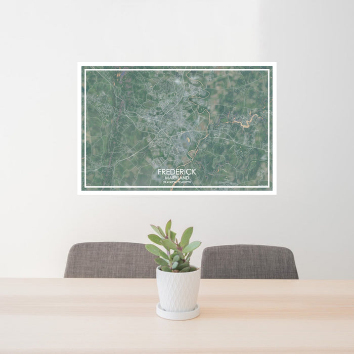 24x36 Frederick Maryland Map Print Lanscape Orientation in Afternoon Style Behind 2 Chairs Table and Potted Plant