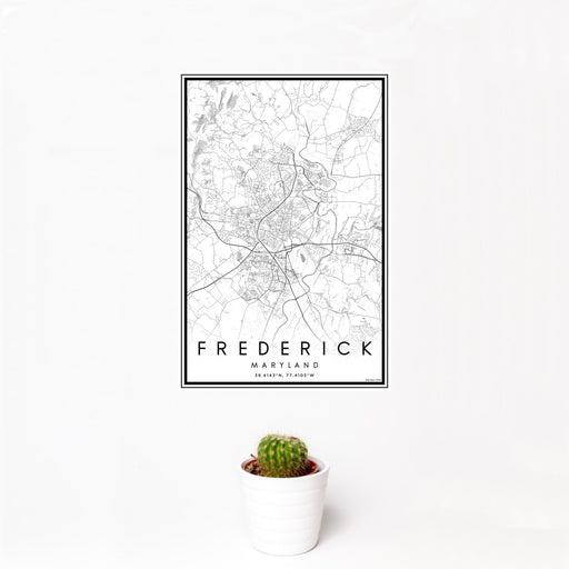 12x18 Frederick Maryland Map Print Portrait Orientation in Classic Style With Small Cactus Plant in White Planter