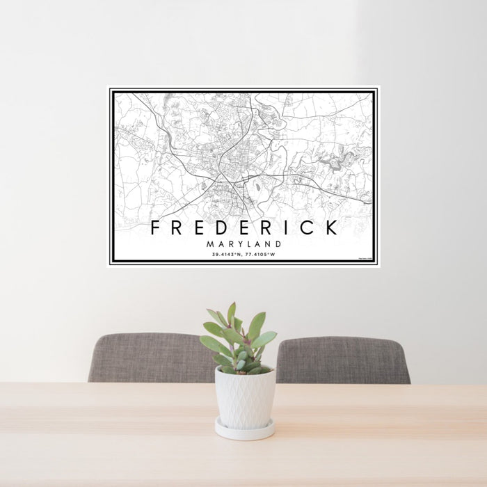 24x36 Frederick Maryland Map Print Landscape Orientation in Classic Style Behind 2 Chairs Table and Potted Plant