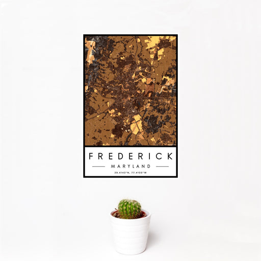 12x18 Frederick Maryland Map Print Portrait Orientation in Ember Style With Small Cactus Plant in White Planter