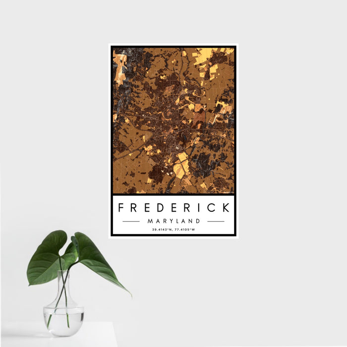 16x24 Frederick Maryland Map Print Portrait Orientation in Ember Style With Tropical Plant Leaves in Water