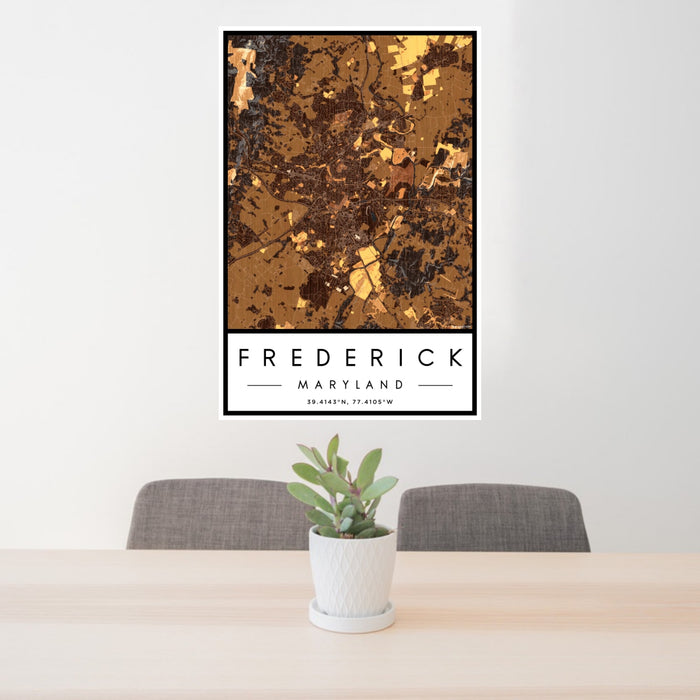 24x36 Frederick Maryland Map Print Portrait Orientation in Ember Style Behind 2 Chairs Table and Potted Plant