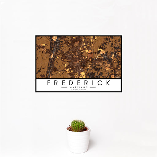 12x18 Frederick Maryland Map Print Landscape Orientation in Ember Style With Small Cactus Plant in White Planter
