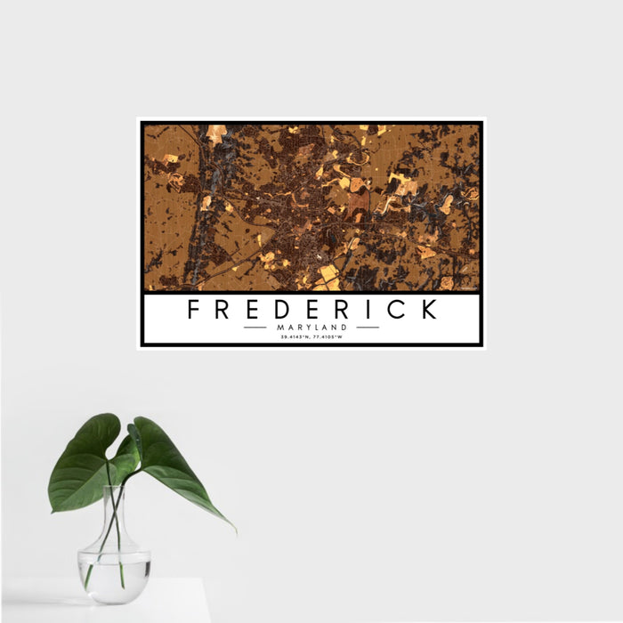 16x24 Frederick Maryland Map Print Landscape Orientation in Ember Style With Tropical Plant Leaves in Water