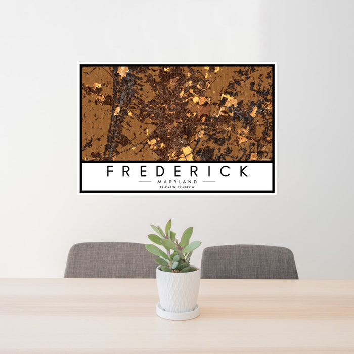 24x36 Frederick Maryland Map Print Landscape Orientation in Ember Style Behind 2 Chairs Table and Potted Plant