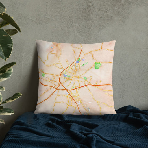 Custom Frederick Maryland Map Throw Pillow in Watercolor on Bedding Against Wall