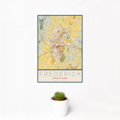 12x18 Frederick Maryland Map Print Portrait Orientation in Woodblock Style With Small Cactus Plant in White Planter