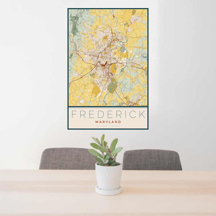 24x36 Frederick Maryland Map Print Portrait Orientation in Woodblock Style Behind 2 Chairs Table and Potted Plant