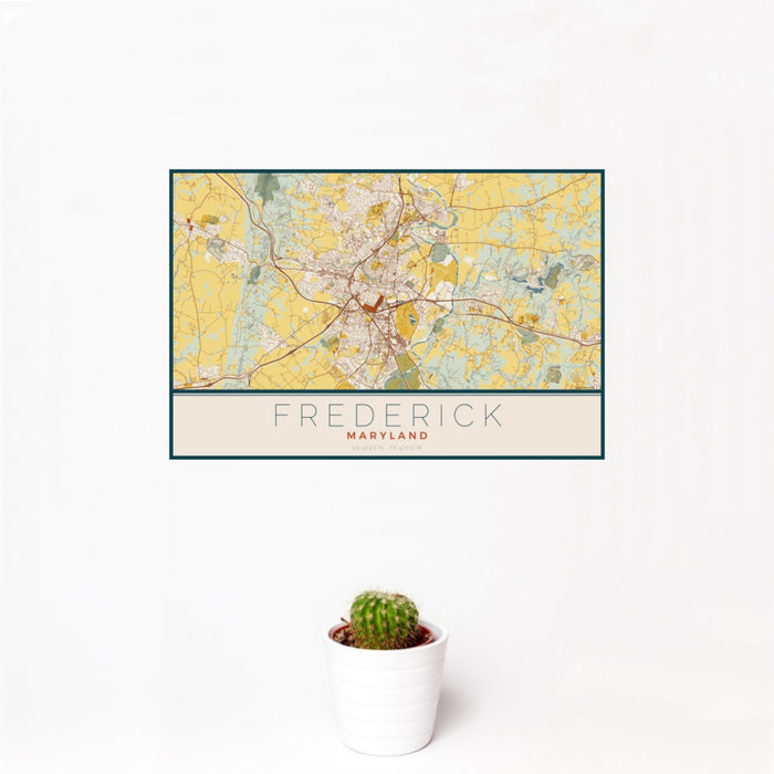 12x18 Frederick Maryland Map Print Landscape Orientation in Woodblock Style With Small Cactus Plant in White Planter