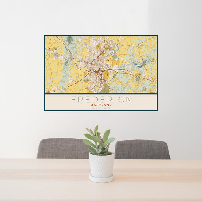 24x36 Frederick Maryland Map Print Landscape Orientation in Woodblock Style Behind 2 Chairs Table and Potted Plant