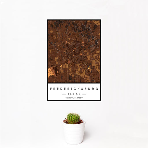 12x18 Fredericksburg Texas Map Print Portrait Orientation in Ember Style With Small Cactus Plant in White Planter