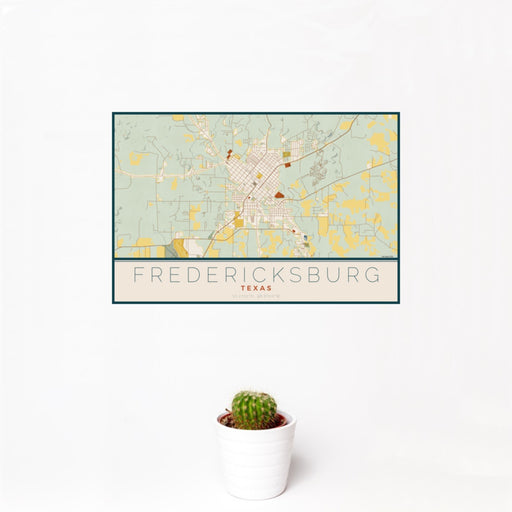 12x18 Fredericksburg Texas Map Print Landscape Orientation in Woodblock Style With Small Cactus Plant in White Planter