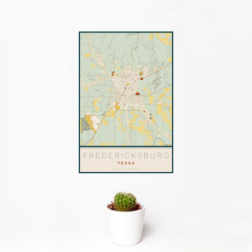 12x18 Fredericksburg Texas Map Print Portrait Orientation in Woodblock Style With Small Cactus Plant in White Planter
