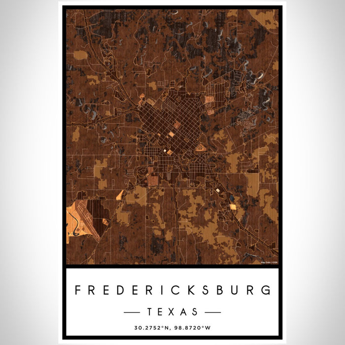 Fredericksburg Texas Map Print Portrait Orientation in Ember Style With Shaded Background