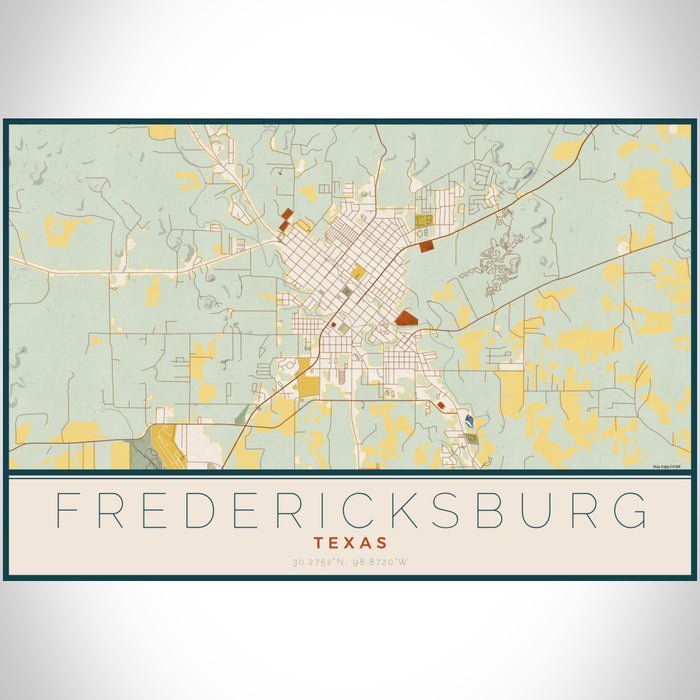 Fredericksburg Texas Map Print Landscape Orientation in Woodblock Style With Shaded Background