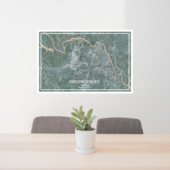 24x36 Fredericksburg Virginia Map Print Lanscape Orientation in Afternoon Style Behind 2 Chairs Table and Potted Plant