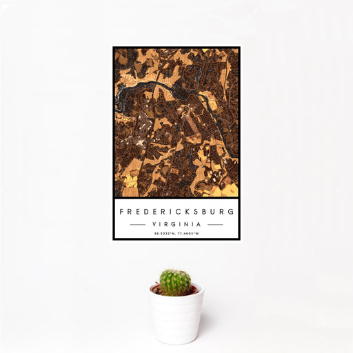 12x18 Fredericksburg Virginia Map Print Portrait Orientation in Ember Style With Small Cactus Plant in White Planter