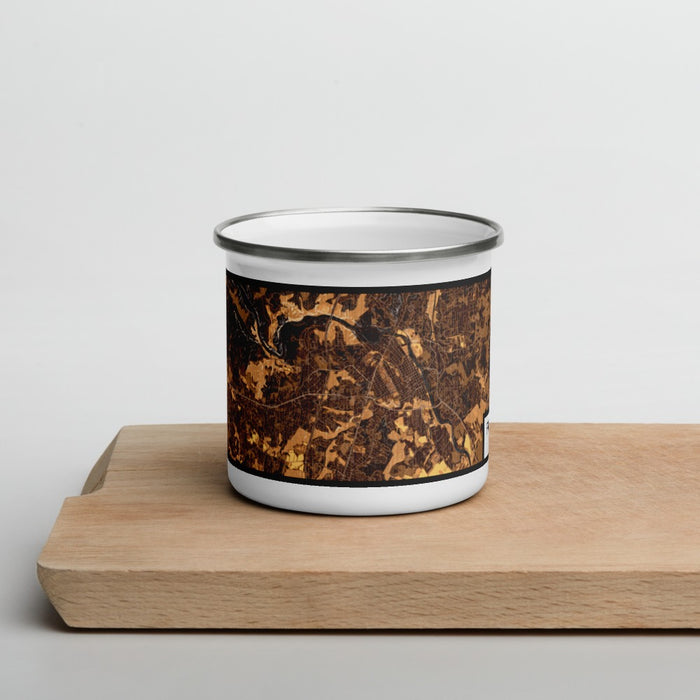 Front View Custom Fredericksburg Virginia Map Enamel Mug in Ember on Cutting Board