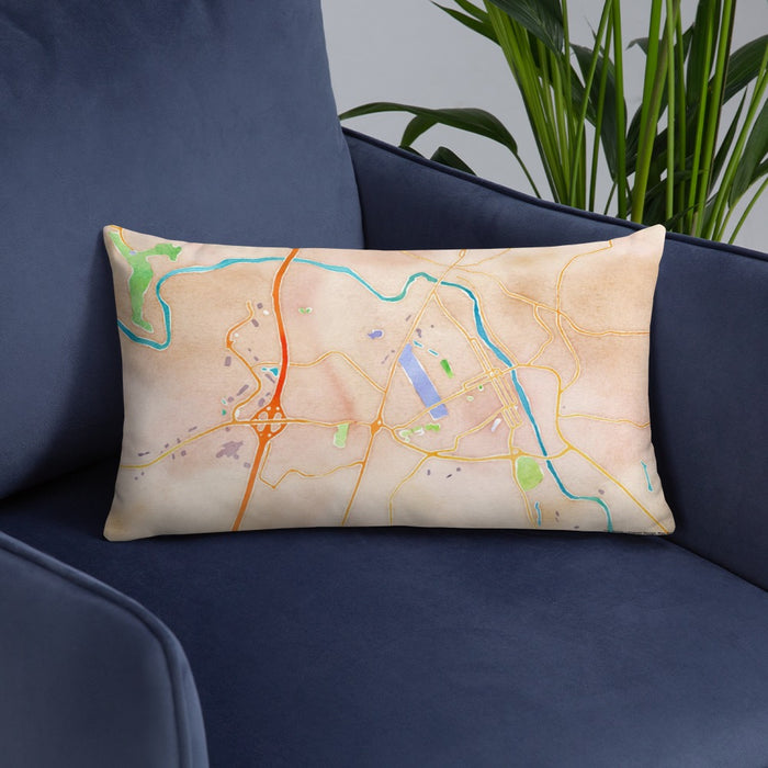 Custom Fredericksburg Virginia Map Throw Pillow in Watercolor on Blue Colored Chair