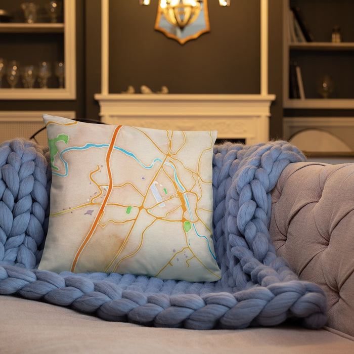 Custom Fredericksburg Virginia Map Throw Pillow in Watercolor on Cream Colored Couch
