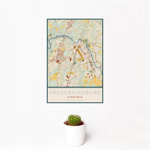 12x18 Fredericksburg Virginia Map Print Portrait Orientation in Woodblock Style With Small Cactus Plant in White Planter