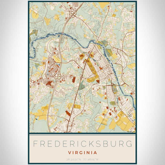 Fredericksburg Virginia Map Print Portrait Orientation in Woodblock Style With Shaded Background