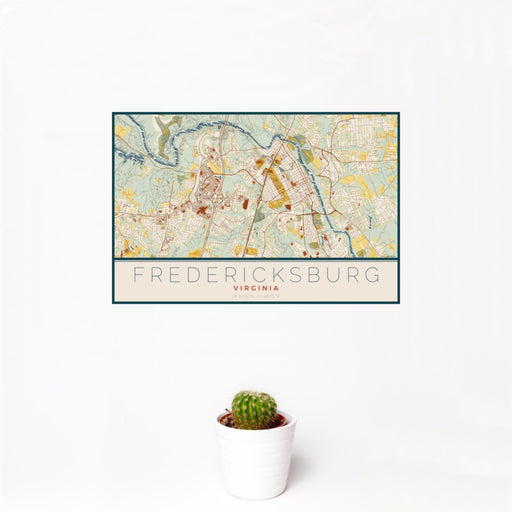 12x18 Fredericksburg Virginia Map Print Landscape Orientation in Woodblock Style With Small Cactus Plant in White Planter