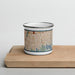 Front View Custom Freeport New York Map Enamel Mug in Woodblock on Cutting Board