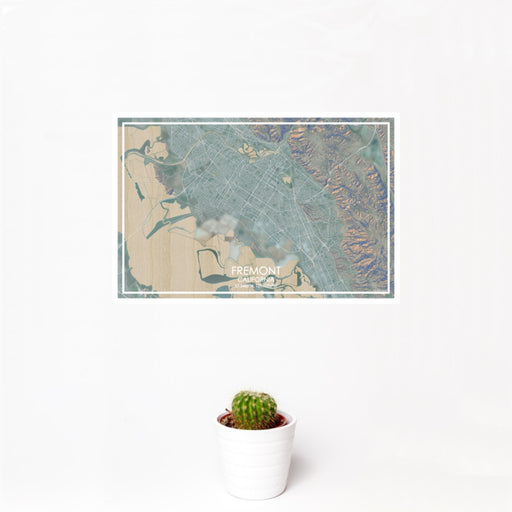 12x18 Fremont California Map Print Landscape Orientation in Afternoon Style With Small Cactus Plant in White Planter