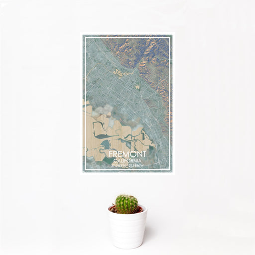 12x18 Fremont California Map Print Portrait Orientation in Afternoon Style With Small Cactus Plant in White Planter