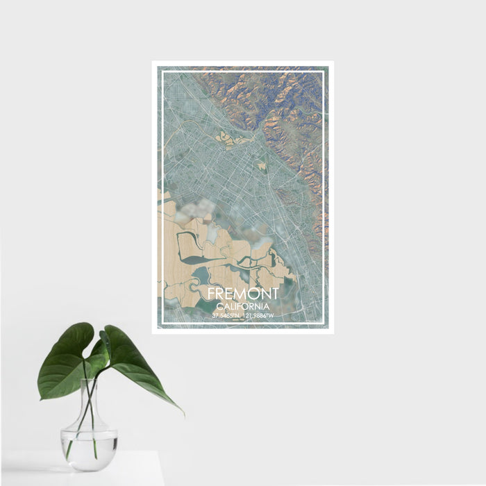 16x24 Fremont California Map Print Portrait Orientation in Afternoon Style With Tropical Plant Leaves in Water