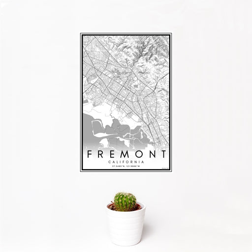 12x18 Fremont California Map Print Portrait Orientation in Classic Style With Small Cactus Plant in White Planter
