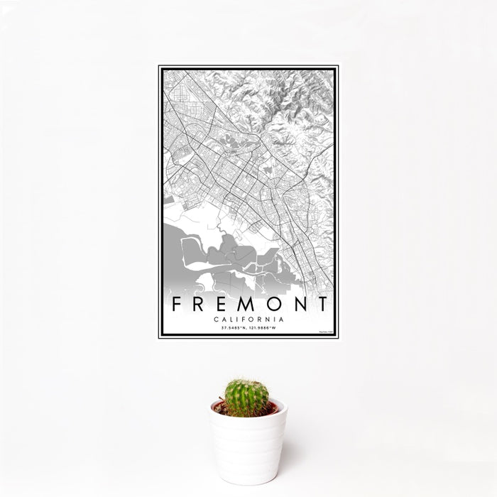 12x18 Fremont California Map Print Portrait Orientation in Classic Style With Small Cactus Plant in White Planter