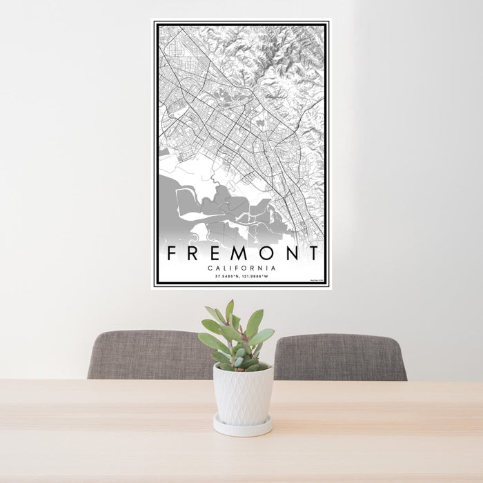 24x36 Fremont California Map Print Portrait Orientation in Classic Style Behind 2 Chairs Table and Potted Plant