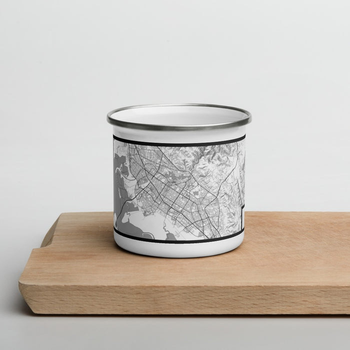 Front View Custom Fremont California Map Enamel Mug in Classic on Cutting Board