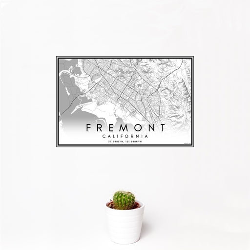 12x18 Fremont California Map Print Landscape Orientation in Classic Style With Small Cactus Plant in White Planter