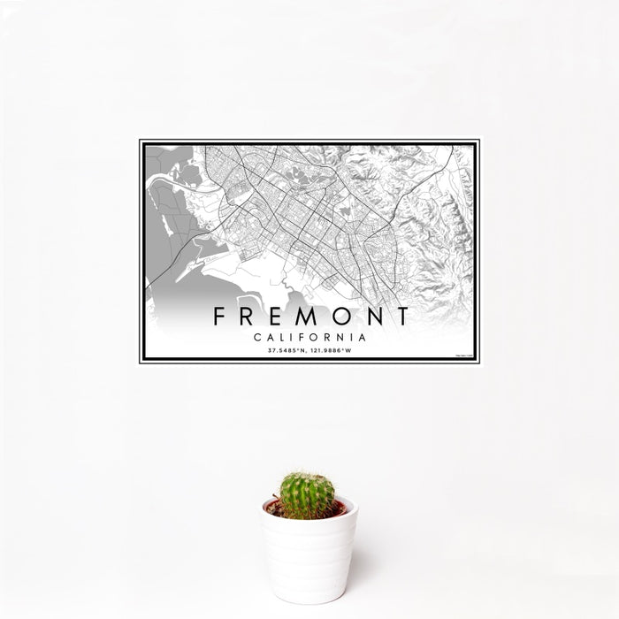 12x18 Fremont California Map Print Landscape Orientation in Classic Style With Small Cactus Plant in White Planter