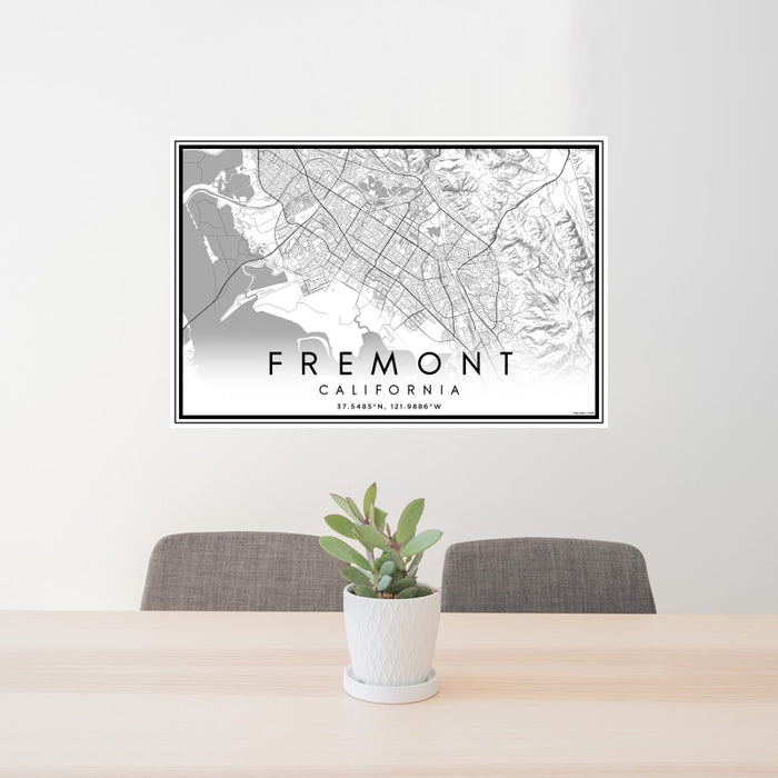 24x36 Fremont California Map Print Landscape Orientation in Classic Style Behind 2 Chairs Table and Potted Plant