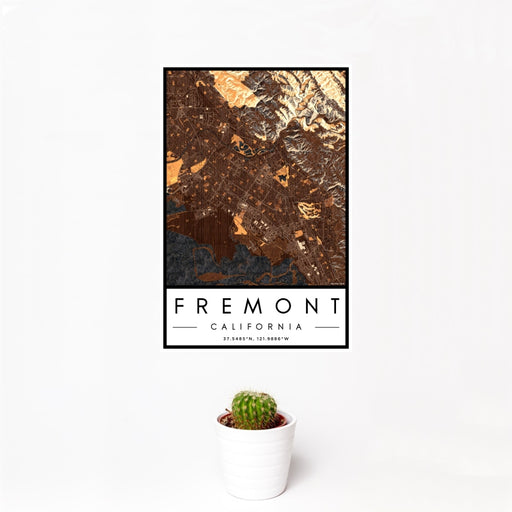12x18 Fremont California Map Print Portrait Orientation in Ember Style With Small Cactus Plant in White Planter