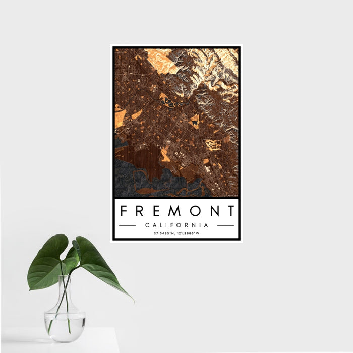 16x24 Fremont California Map Print Portrait Orientation in Ember Style With Tropical Plant Leaves in Water