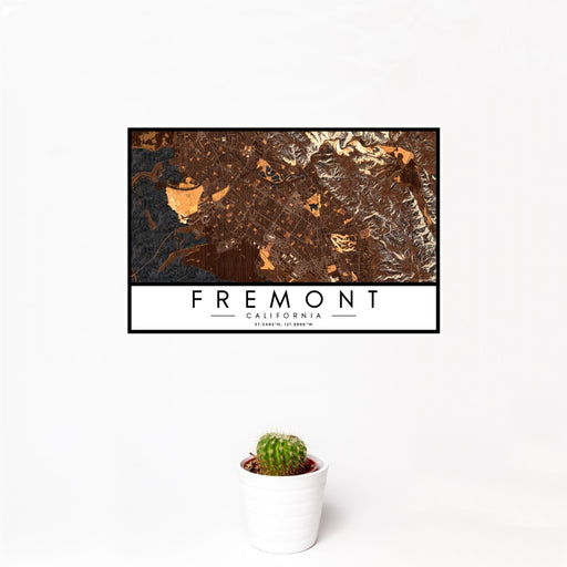 12x18 Fremont California Map Print Landscape Orientation in Ember Style With Small Cactus Plant in White Planter