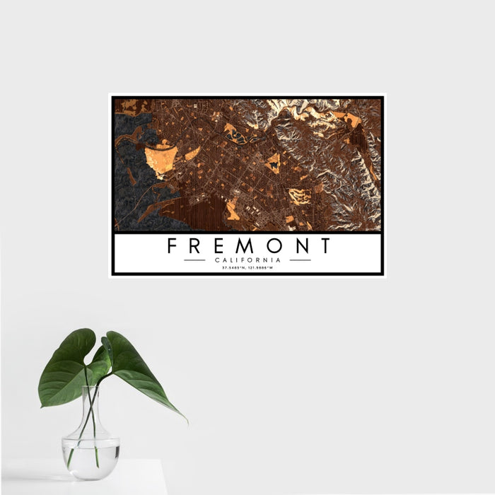 16x24 Fremont California Map Print Landscape Orientation in Ember Style With Tropical Plant Leaves in Water