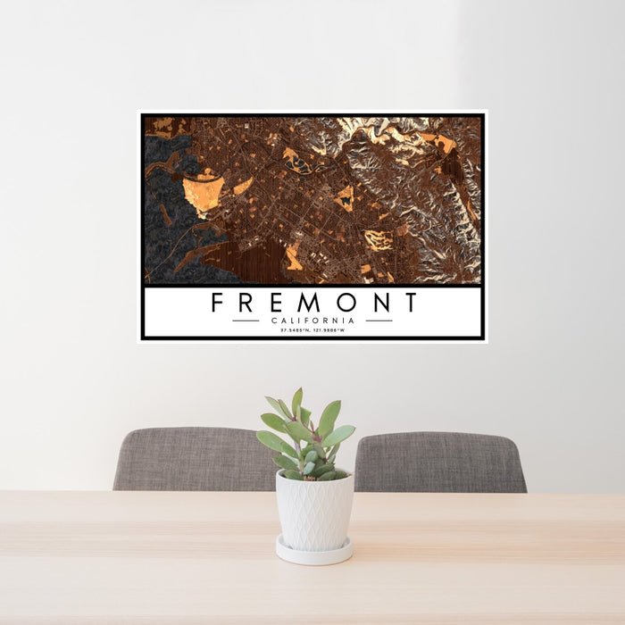 24x36 Fremont California Map Print Landscape Orientation in Ember Style Behind 2 Chairs Table and Potted Plant