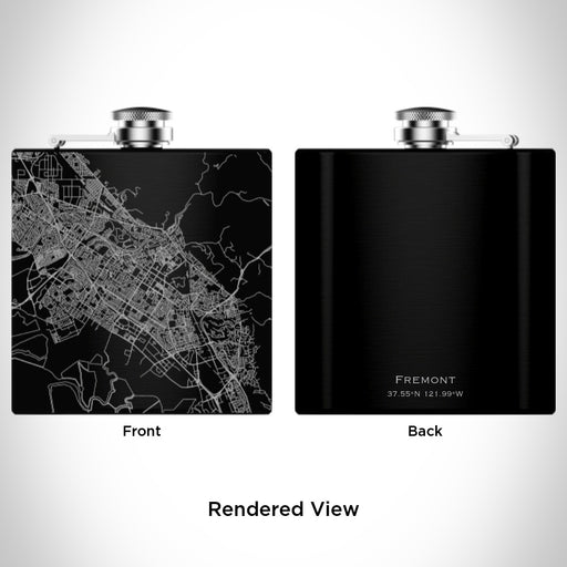 Rendered View of Fremont California Map Engraving on 6oz Stainless Steel Flask in Black