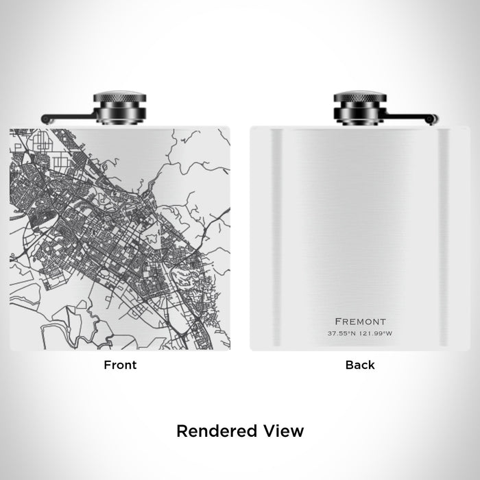 Rendered View of Fremont California Map Engraving on 6oz Stainless Steel Flask in White