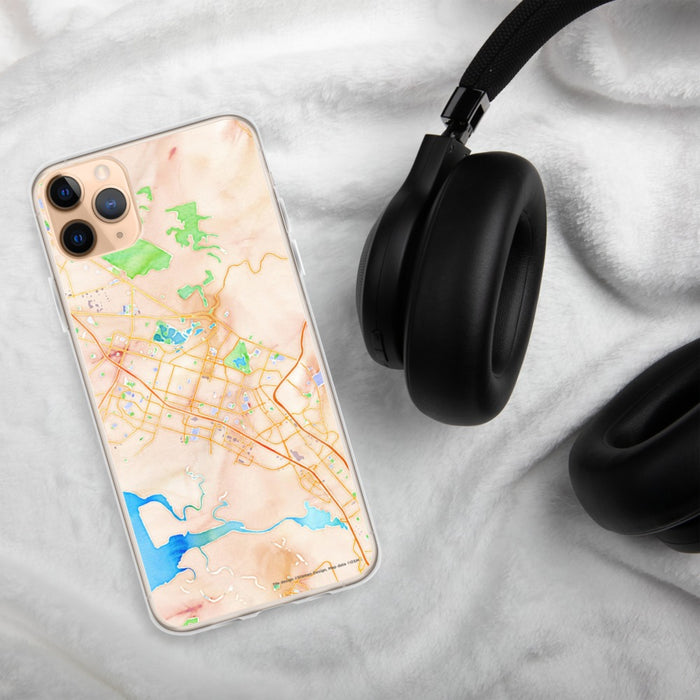 Custom Fremont California Map Phone Case in Watercolor on Table with Black Headphones