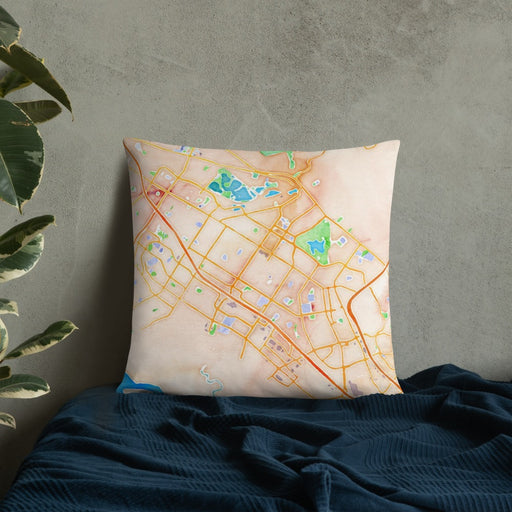 Custom Fremont California Map Throw Pillow in Watercolor on Bedding Against Wall