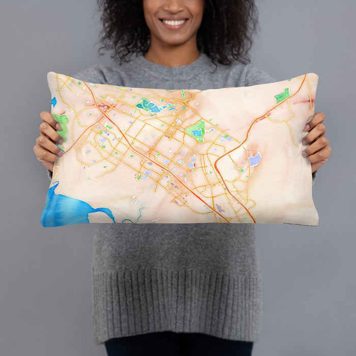 Person holding 20x12 Custom Fremont California Map Throw Pillow in Watercolor