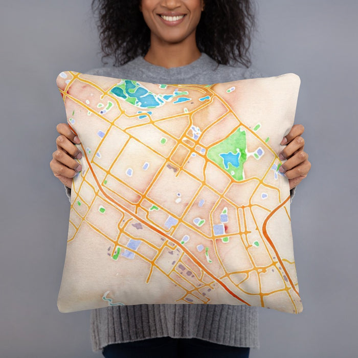 Person holding 18x18 Custom Fremont California Map Throw Pillow in Watercolor